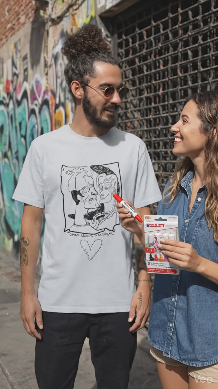 Set soporte "camiseta manga corta + Marcadores Textil Edding Set 5 Colores Cálidos Punta Media"